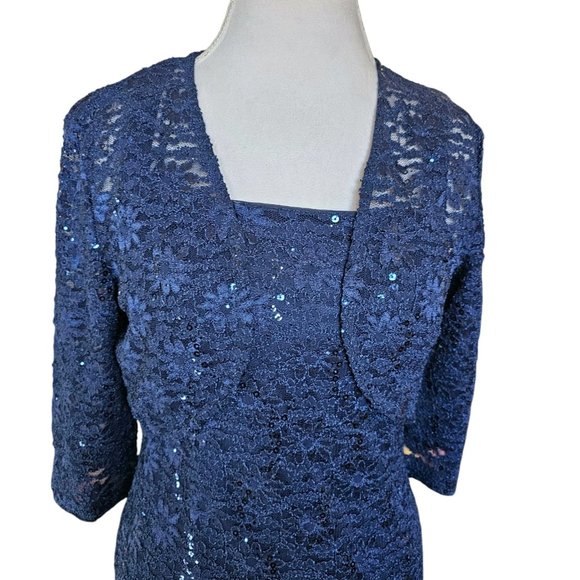 Y2K Womens Dark Blue Lace Sequins Formal Dress Bolero Sz 8 Stretchy Mother Bride - Picture 2 of 14